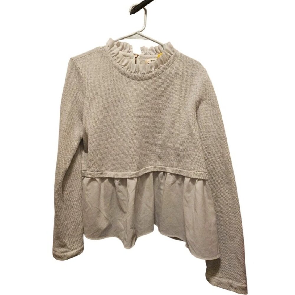 Storee Womens Ruffled Long-Sleeve Peplum Top Beige Textured Fabric With Sheer He